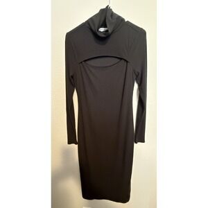 AND NOW Small Black Ribbed Turtleneck Cutout Long Sleeve Bodycon Midi‎ Dress